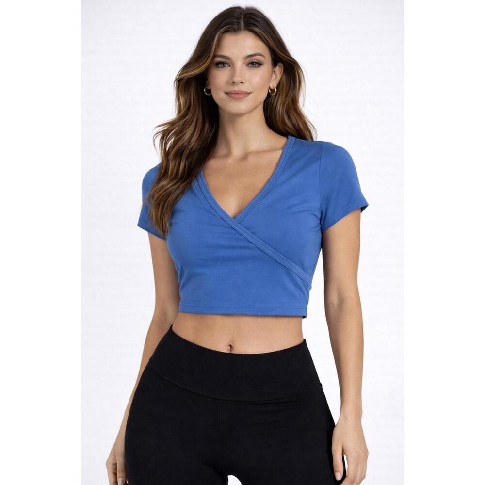 NWT Halara Blue Cropped Wrap Short Sleeve Top Size XS